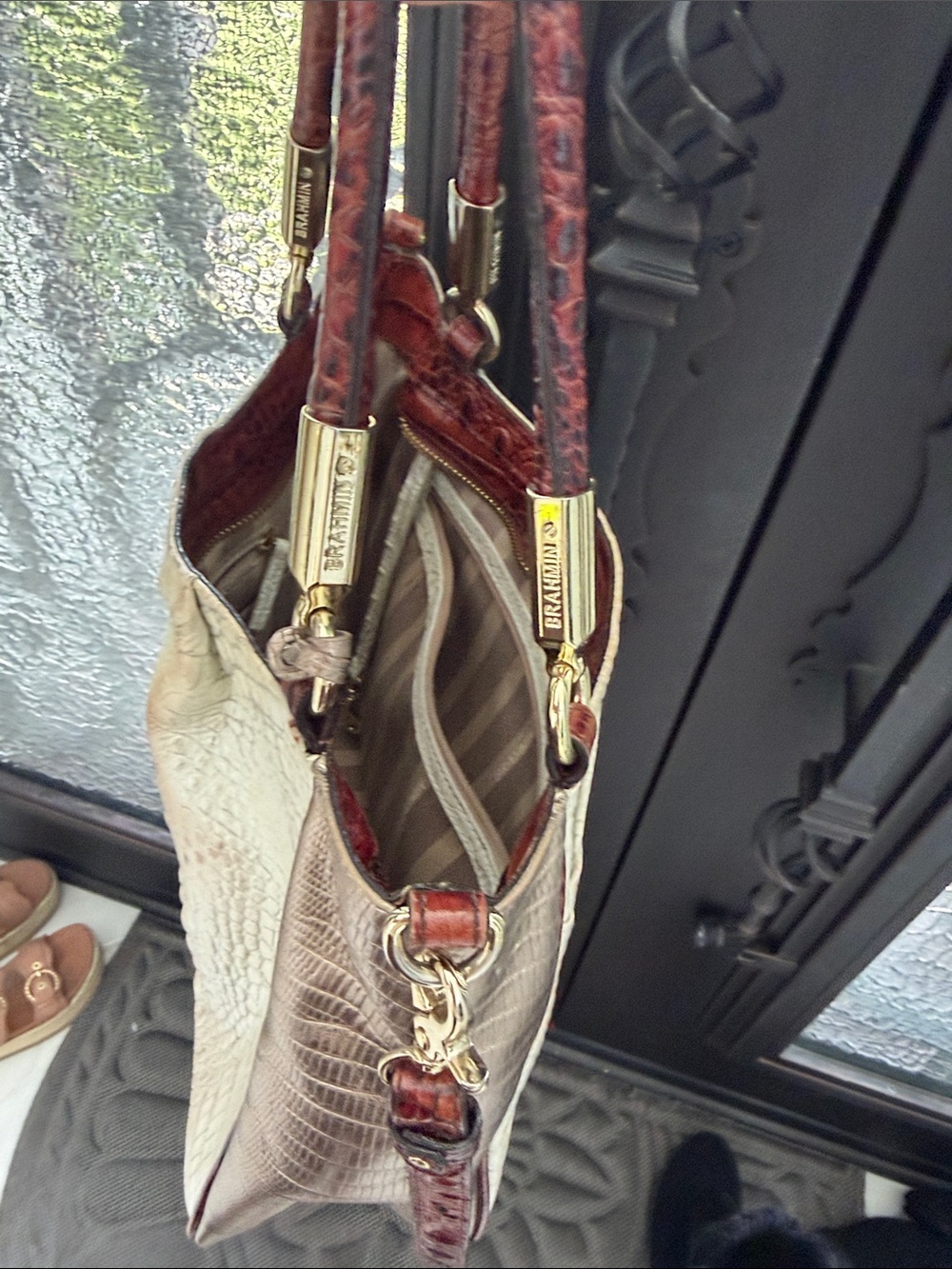 Brahmin Croc-Embossed Shoulder Bag in Cream and Brown - Picture 5 of 7